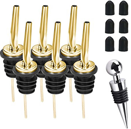 WAFJAMF 6 Pcs Liquor Pour Spouts Set - Stainless Steel Speed Pourers for Wine, Spirits, Olive Oil & Vinegar (Gold)