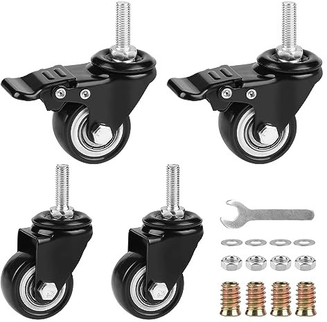 LALAGO ruedas con freno M8× 25mm, ruedas para muebles (2 con freno + 2 giratorias), 40mm ruedas para muebles con freno, ruedas con rosca, capacidad de carga 50kg por rueda