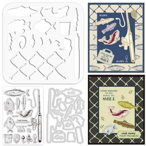 ORIGACH Angeln Thema Stempel Stanzen und Schablonen Sets für Kartenherstellung Fische Metall Stanzen Stempel und PET-Schablone Sets für DIY Scrapbooking Album dekorative