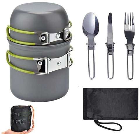 Walkervo Set di Pentole da Campeggio 1-2 Persone Gavetta Pentole Set da Campeggio con Bollitore Inox da Campeggio Posate Pieghevoli per Viaggiare Trekking Escursionismo,Green