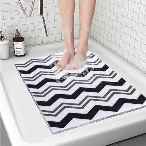 OPLERT Duschmatte Anti-Rutsch, schnell trocknende Badematte mit Entwässerungslöchern, weiche Komfort PVC Luffa Dusche Badematte, für Badezimmer,Schwarz,50x80cm