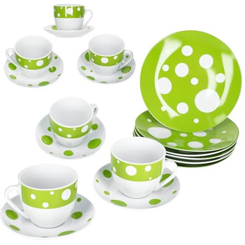 MamboCat Pula grün 18tlg Kaffeeservice I weißes Porzellan-Geschirr mit Punkten für 6 Personen I Je 6X Tassen 200ml, Untertassen & Teller für Frühstück & Kaffee