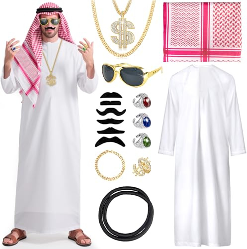Grantop Scheich Kostüm Herren Set,16-teiliges Araber Kostüm Erwachsene,Arabisches Gewand mit Kopftuch,Sonnenbrille, Halskette Ringe,Orient Kostüm Herren,Fasching Karneval für Cosplay Party