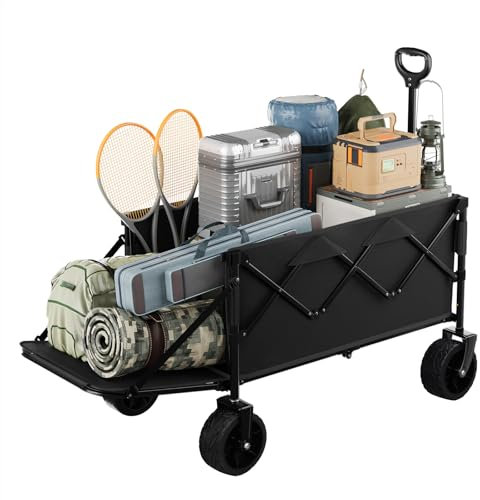 WOLTU Carrello Pieghevole Portatutto, Carrellino da Giardino con Portellone Posteriore e Ruote per Tutti i Terreni con Freno, Capacità di Carico Fino a 150 kg, Nero