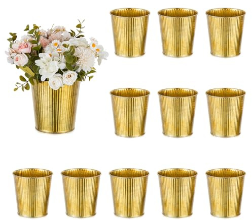 NUPTIO Small Rustic Plant Pots: 12 Pcs 13cm Galvanized Metal Gold Planter for Home Garden Table Decor - Mini Shabby Chic Flower Vase Trumpet Vases Centrepiece for Wedding Party