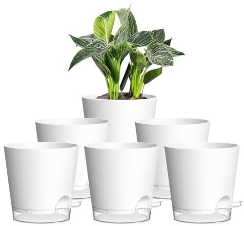 15cm Self Watering Plant Pots Indoor, 6 Pack Plastic Planters with Drainage Holes & Saucer, Ideal for All Indoor Outdoor House Plants(White With Transparent Drainage)