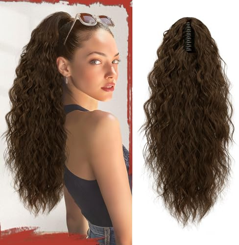 Sofeiyan Pferdeschwanz Haarteil mit Klammer, 56 cm Lang Wellig Lockigen Ponytail Extension Claw Clip in Synthetischen Haarverlängerung Zopf für Frauen，Mittelbraun/Hell Kastanienbraun