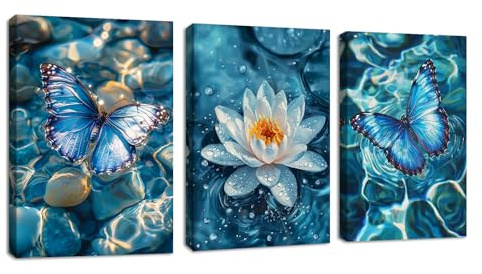 Canvas med blå lotusblomma, fjäril, väggkonst, inramad, vattenlilja, damm, väggmålning, zen, stenar, vit lotusblomma, blågrön, turkos, väggbilder, konstverk, dekor för sovrum, 30 x 40 cm, 3 st