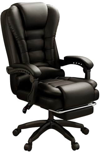 WEMUZVIU Ergonomischer Bürostuhl mit hoher Rückenlehne, PU-Leder mit Fußstütze, Chefdrehstuhl mit gepolsterten Armlehnen für Zuhause und Büro (Schwarz)
