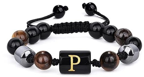 LIUYUYOUGO Pulseras De Cuentas Para Hombre De 8 Mm Con Inicial De Triple Capa De Piedra Natural Ojo De Tigre Obsidiana Negra Hematita Pulsera Con Letra A Brazalete Trenzado Vintage Hecho A Mano Letr