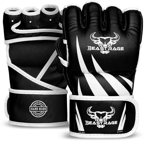 BEASTRAGE - Guantes de artes marciales mixtas de alta calidad hechos a mano, guantes de agarre duraderos con palma abierta para BJJ, UFC, sparring y kickboxing, fuerte soporte de muñeca, guantes de