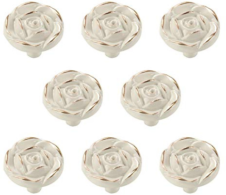 Antique Rose Flower Cabinet Knobs, Vintage Kitchen Shabby Chic Zinc Alloy White Drawer Pull Handles for Dresser Vanity Nightstand Cupboard Wardrobe, 8 Pack (Golden Line)