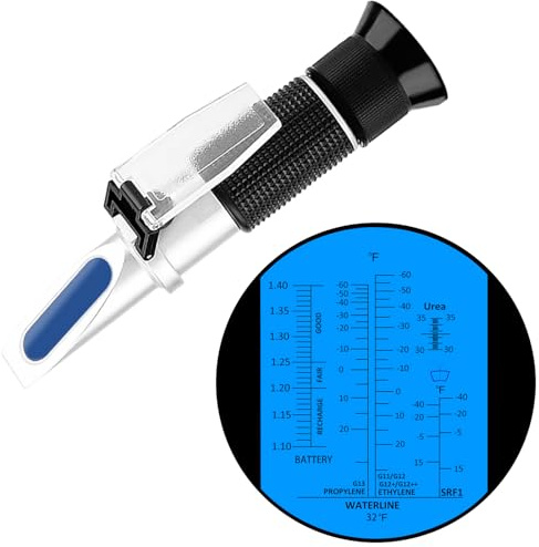 Antifreeze Refractometer in Fahrenheit 4 in 1 Antifreeze Tester Coolant Refractometer Ethylene Propylene Glycol Refractometer for Antifreeze System Diesel Exhaust Fluid, Battery Acid
