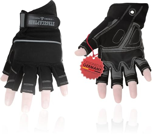 Stagecaptain RGL-0F Rigger Handschuhe - Arbeitshandschuhe für Herren - Größe XL - kurze Finger und Innenfläche aus Kunstleder - Aufgesetzte Verstärkungen - Schwarz/Grau