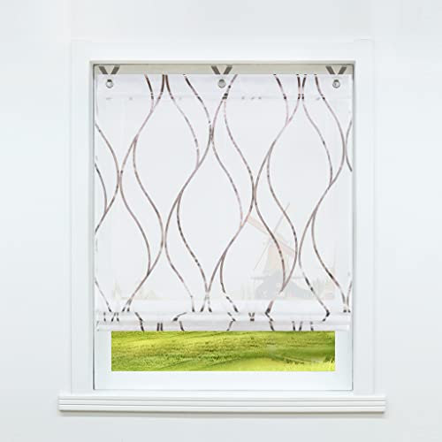 CORLIF Raffrollo mit Ösen Gardinen Küche Raffgardinen Transparent Ösenrollo Vorhänge Mit Wellen-Druck Modern Voile Braun BxH 60x130cm 1 Stück