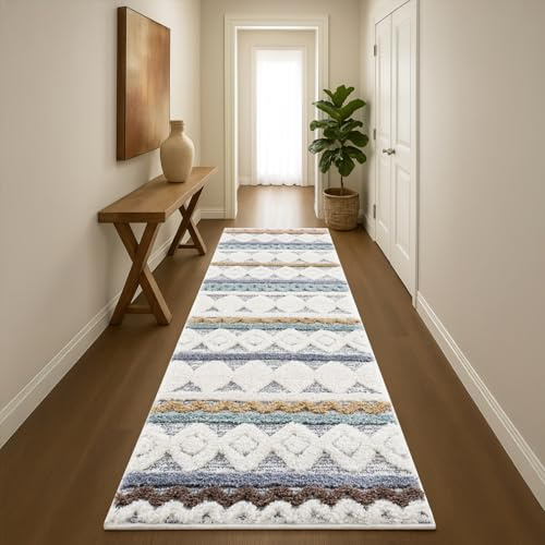 payé Teppich Läufer fürs Flur - 80x300cm - Hochflor Weich - Boho Design - Pastell Multi - -Skandinavisch Raute Ornamente Muster - Schlafzimmer