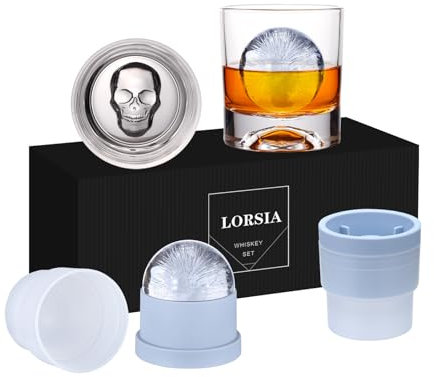 Skull Whiskey Rocks Glass, Set of 4 (2 Crystal Bourbon Glasses, 2 Big Ice Ball Molds) In Gift Box - 10 Oz Old Fashioned Glasses for Scotch Cocktail Rum Cognac Vodka Liquor, Unique Gifts for Men