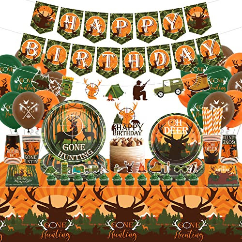 Ywediim Jagdpartyzubehör Geschirr für 20 Gäste, einschließlich Happy Birthday-Banner, Teller, Servietten, Luftballons und Tischdecke, für Geburtstags-Camouflage-Camping-Jagd-Themenparty (Banner)