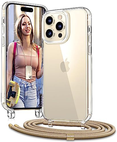 Vaykwo Handykette mit Band für Apple iPhone 14 Pro Hülle - Necklace Handyhülle - Transparente Case zum Umhängen mit Kameraschutz und Bildschirmschutz - Golden | Necklace Handyhülle, Transparente Case zum Umhängen, Verstellbar und Abnehmbar