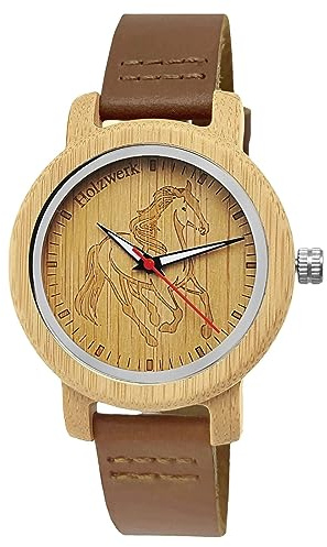 Holzwerk Germany Mädchen-Uhr Jungen-Uhr Kinderuhr Öko Natur Holz-Uhr Leder Armband-Uhr Analog Klassisch Quarz-Uhr Kinder Uhr mit Pferde Pony Motiv in Rot Schwarz Blau Türkis Braun
