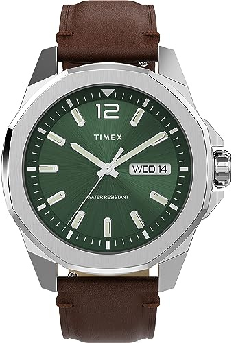 Timex Orologio da Uomo Trend da 46 mm, cinturino in Pelle Marrone a sgancio rapido in Due pezzi, quadrante Verde, cassa argentata TW2W14000