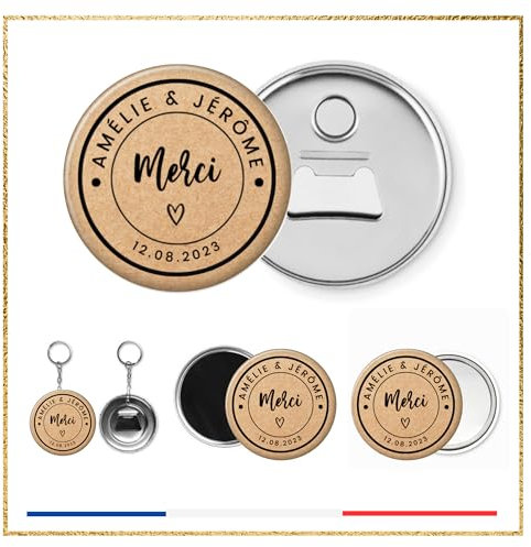 Décapsuleur ouvre-bouteille/Miroir de poche/Magnet/Cadeaux invités personnalisés x10 / Mariage Pacs Remerciement invités Merci Faveurs/Cadeau personnalisable invité mariage pacs