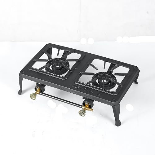 INTERGAS Dual Cast Iron Gas Burner – 6KW Double Camping Stove with Heavy Duty Frame – Portable LPG Cooker Outdoor Propane & Butane Twin Burner Hob for Caravan, BBQ, Festivals & Street Food Cooking
