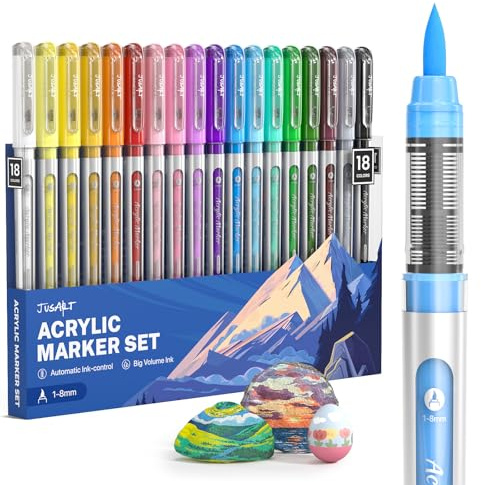 JusArt Pennarelli acrilici con punta a pennello, 18 colori, per arte scolastica, a base d'acqua, senza sbavature, con controllo automatico dell'inchiostro, penne acriliche impermeabili per roccia