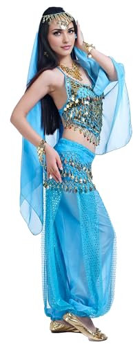Baisdan Costume da donna per danza del ventre, top harem, sciarpa, foulard, set per carnevale, Halloween, abbigliamento professionale, Azzurro, Taglia unica