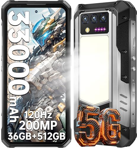 OUKITEL WP100 Rugged Smartphone 5G - Measuring rugged phone (40m), 33000mAh Large Battery, 66W Fast Charging,1200LM,4nm Dimensity 7300,512GB ROM+36GB RAM,200MP Camera,120Hz + 6.8 Screen,NFC,OTG,GPS