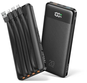 Orfeika 20000mAh Power Bank Fast Charging, Portable Charger with 4 Built-in Cables & 6 Outputs, 20W PD USB C Battery Pack Compatible with iPhone 16/15, Galaxy, Android, iPad & More (Travel Essential)