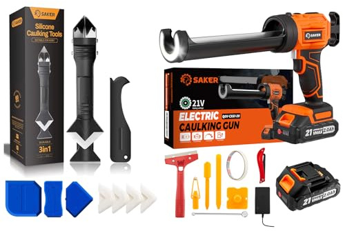 Saker Cordless Electric Caulk Gun with 3-in-1 Silicone Caulking Tools Set, Drip-Free Caulking Gun Kit with Adjustable Speeds, Caulk Remover & Finishing Scraper
