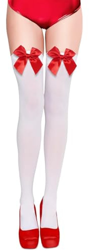 Chaussettes Montantes avec Satinée Noeud Rouge pour Carnaval Halloween Blanc Bas Cuissards Au-Dessus Du Genou Hautes Extensibles pour Femmes Filles Noël Fasching Cosplay Soirée Costume de Fête