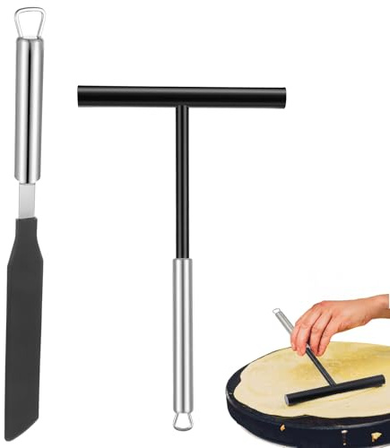 SHENLIU 2 st Crepe spridare och spatel kit, 20 cm T-formad smet spridare 13,4 tum crepe maker spatel svarvare rostfritt stål pannkaksverktyg för alla storlekar