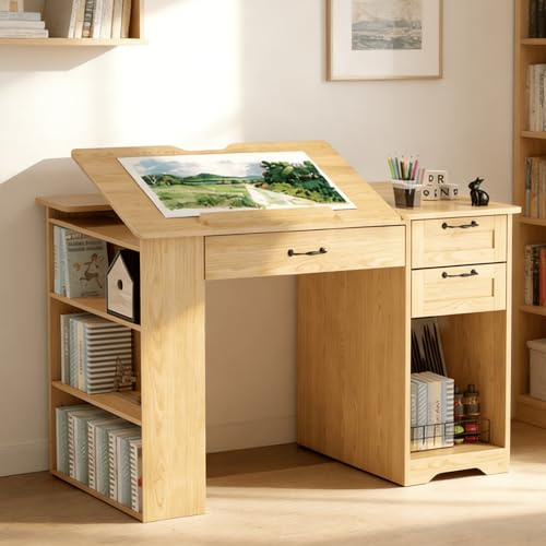Smilets Crafting Table with Storage Cabinet & Drawers, Adjustable Drafting Table with Open Shelves, Drawing Computer Desk, Painting Desk, Workstation for Home Office Reading, Writing, Craftin