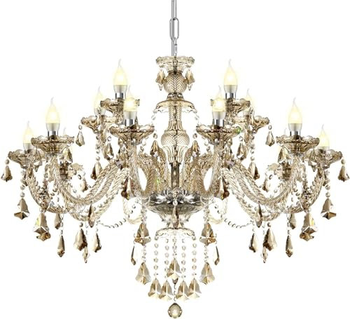 Ridgeyard Baroque Salon Lustre en Cristal,15 lumières suspension en cristal K9 avec chaîne réglable pour chambre à coucher, salon, salle à manger, hôtel, couloir (E14, Couleur Cognac)