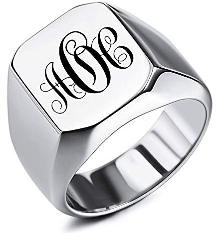 MeMeDIY Benutzerdefinierte Gravur Initialen Monogramm Siegelring für Männer Frauen Jungen Herren Ringe Edelstahl, Bundle mit Ringgrößeneinstellern (Schwarz Blau Silber Goldfarben, Größe 54-75)