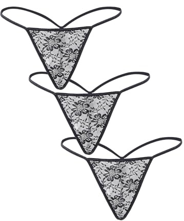 ohmydear Women's Floral Lace Micro Thongs Pack of 3 Sexy Low Waist G-String Knickers Stretchy T-Back Tangas Underwear Set Black Plus Size No Show Panties UK 16
