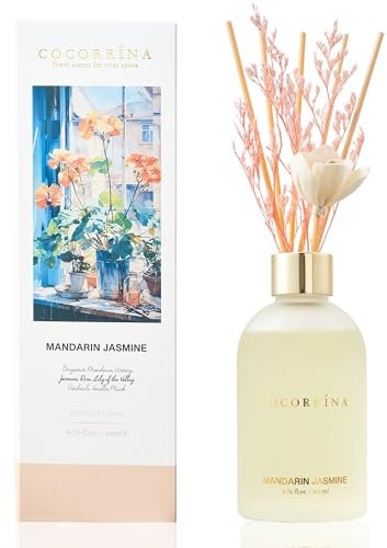 Cocorrína Diffusore Profumo Ambiente - Mandarino Gelsomino Set di diffusori di canne da fiori da 200 ml con 12 bastoncini - Fragranza per la casa, camera da letto, bagno, scaffale