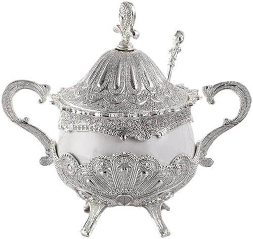 BOWINGBO Tarro de cerámica para caramelos, azucarero con tapa, soporte para cuchara, azucarero de cerámica, azucarero con tapa y cuchara, tarro de especias de vidrio de alivio de metal, soporte para