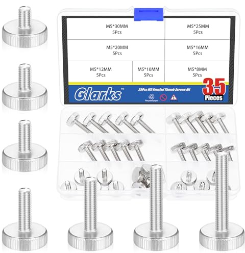 Glarks 35pcs M5 x 8/10/12/16/20/25/30MM Knurled Round Thumb Screws, Fully Threaded Thumb Screw Bolts, Flat Knurled Head Thumb Screws Bolts, Shoulder Grip Knobs Fasteners for Electronic, Mechanical