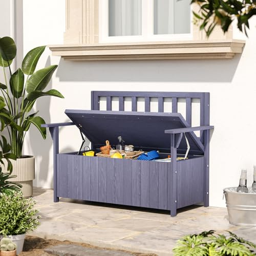 Warmiehomy Garden Storage Bench Wooden Garden Bench with Storage Box 2-Seater Loveseat with 135L Box Outdoor Furniture Storage Benches for Patio, Balcony, Backyard,Grey
