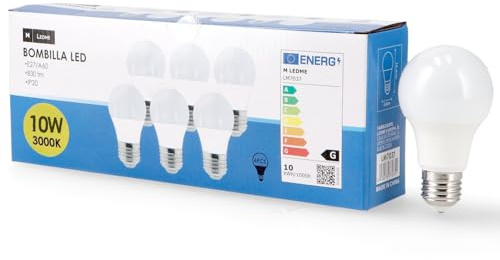 M Ledme - Pack 6, Bombilla Led E27 A60 10W, Luz Cálida (3000k), casquillo E27, 820 Lumen, IP20, Apertura del Haz de Luz 200°, Eficiencia energética y Bajo Consumo. LM7612