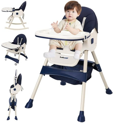 Baby High Chair 5 in 1 Highchair Adjustable Height Convertible High-Chair Portable DiningChair Foldable Baby Dining Chairs with Removable Tray Blue