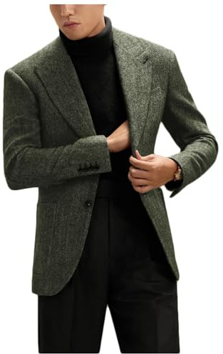 Stillluxury Chaqueta de tweed con patrón herringbone para hombre, un solo pecho, solapa con pico, chaqueta casual deportiva para negocios y bodas, verde oscuro, 3XL