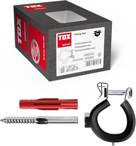 TOX Clamp-Set für Rohrleitungen M, Gelenkrohrschelle 15-19 mm (3/8 Zoll) mit M8-Anschlussgewinde, Allzweckdübel TRI 10/61 und Stockschraube M8x80 mit TX-Antrieb, jeweils 10 Stück im Set, 089101100
