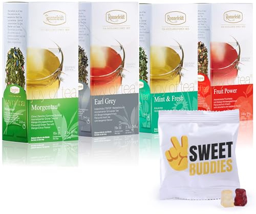 Ronnefeldt Joy of Tea 4er Mix Earl Grey, Grüntee, Früchtetee & Pfefferminz | Tee Set für Frauen & Männer, Wintertee Probierset inkl. Sweet Buddies Fruchtgummi
