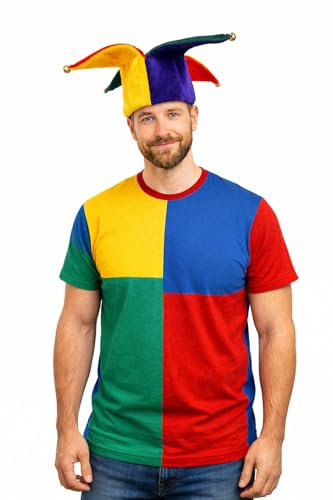 Jester Hat | Jester Hat with Bells | Clown Cap | Medieval Fool Hats | Renaissance Fair Hats | Court Jesters Headwear | Mardi Gras Accessories | Elastic Fit (Hat Only, Costume Not Included)