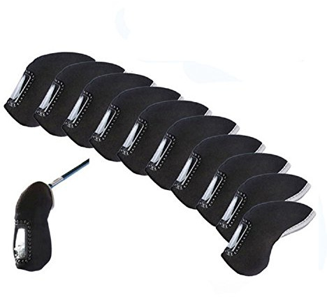 FLTRADE Järnhuvudskydd för golfklubba med plastfönsterdisplay, neoprenmaterial för Titleist Taylormade Ping Callaway-paket med 10, svart