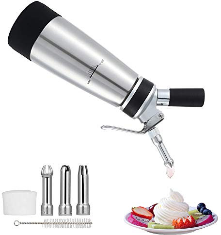 Sifón de acero inoxidable Chantilly, Sifón de cocina Professione Syphon de acero inoxidable con crema Chantilly Plus 3 boquillas de decoración de acero inoxidable